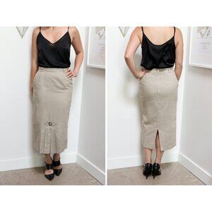 Vintage 70s Khaki Pencil Skirt w/ Unique Pleated Front, Long Fitted Midi Length